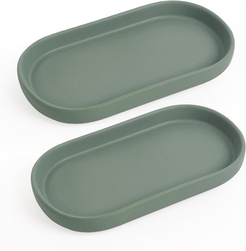 INGOFIN 7" Ceramic Bathroom Vanity Tray Set- 2 Pcs Bathroom Organizer Countertop Tray for Perfume, Jewelry, Small Kitchen Counter Soap Tray, Decorative for Bathroom Vanity and Toilet Tank, Green - Image 1